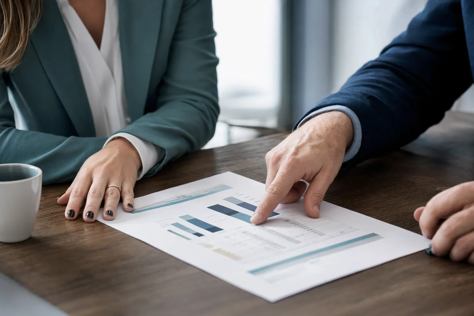 Deux professionnels analysent des indicateurs de coûts et de performance sur un document.