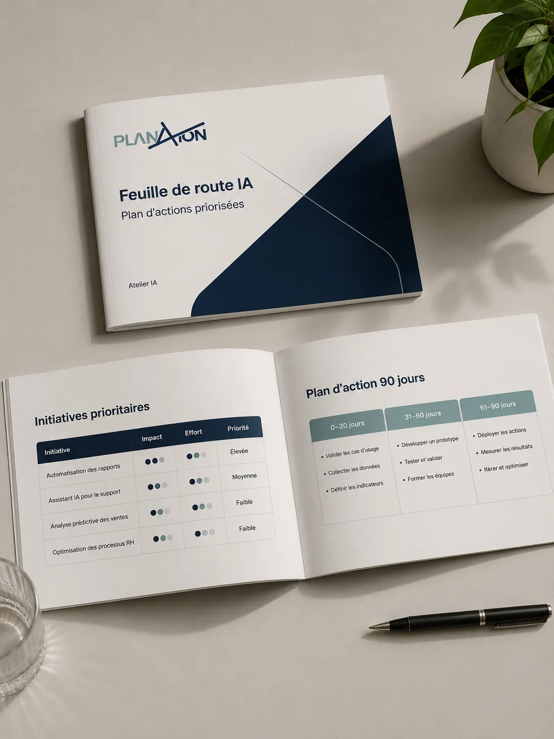 Feuille de route IA PlanAxion présentant les initiatives prioritaires et un plan d’action sur 90 jours.