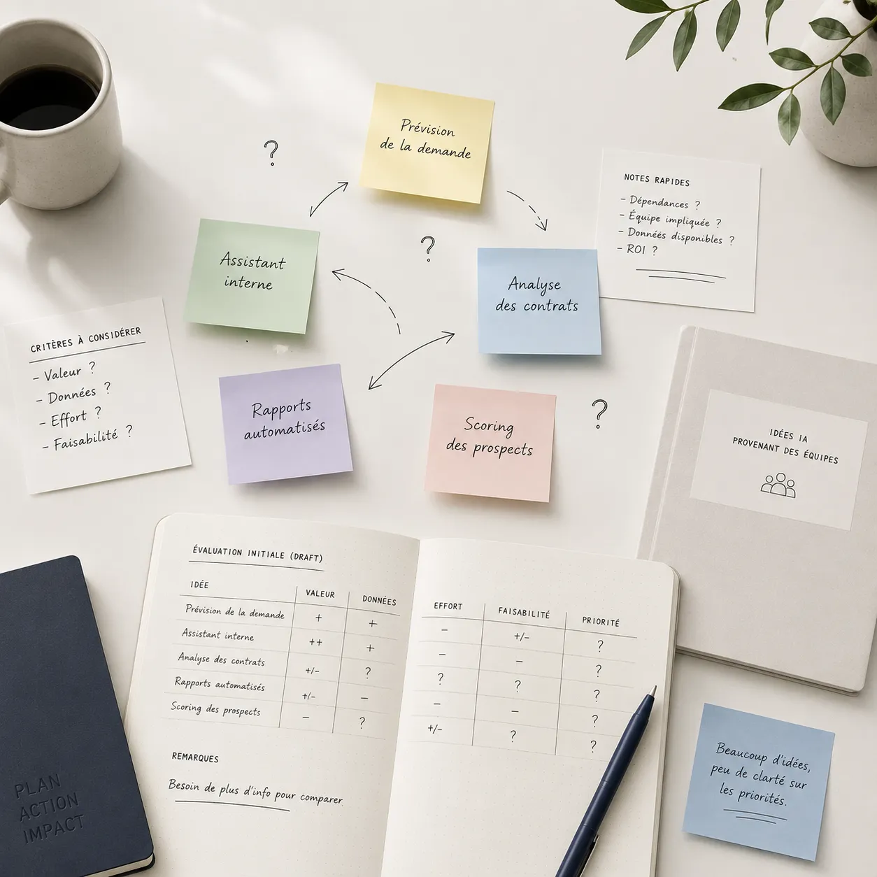 Notes et critères dispersés avant l’Atelier IA, illustrant des idées difficiles à comparer et à prioriser.