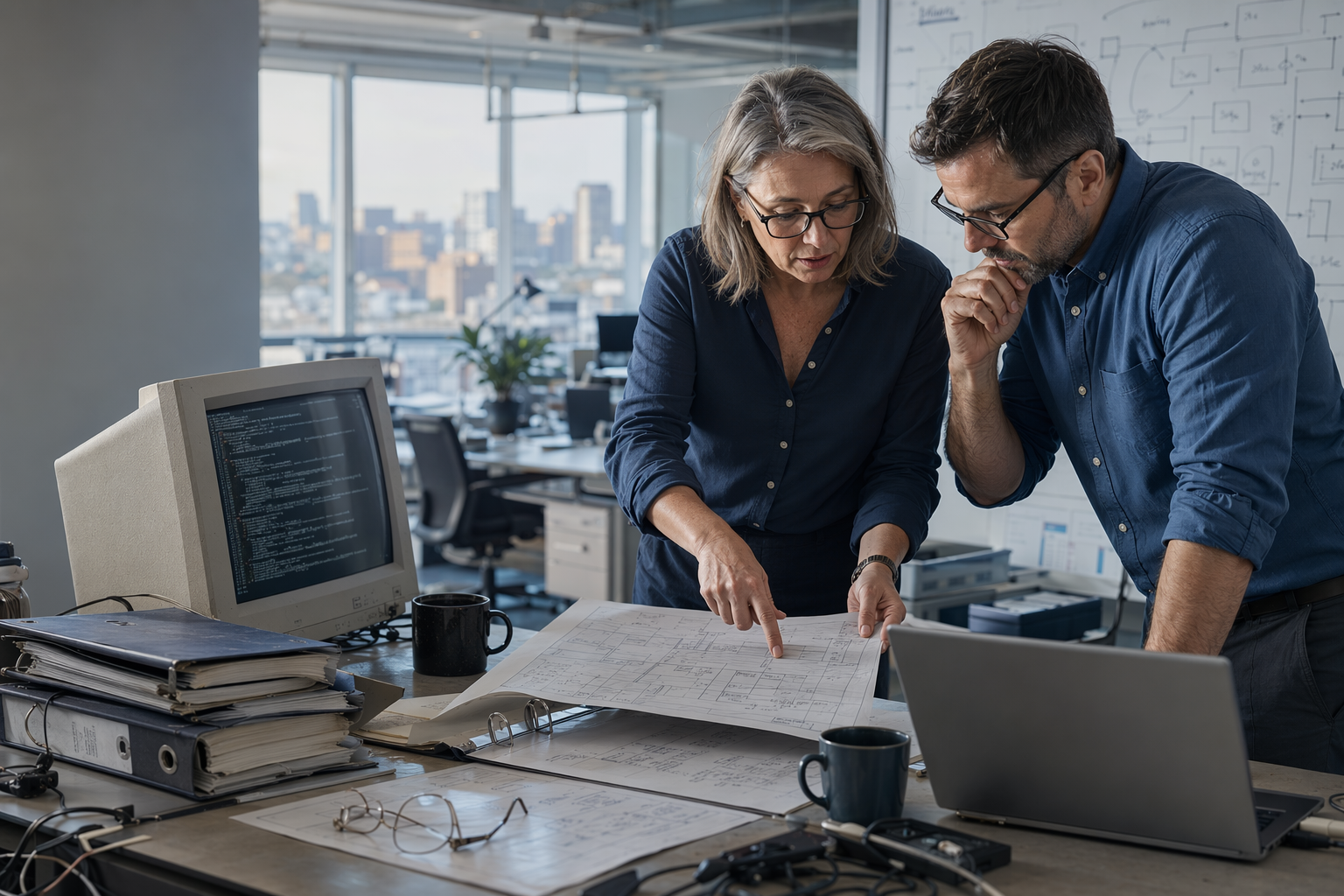 Deux architectes TI comparent les schémas d’un système patrimonial et une application moderne dans un bureau de Montréal.