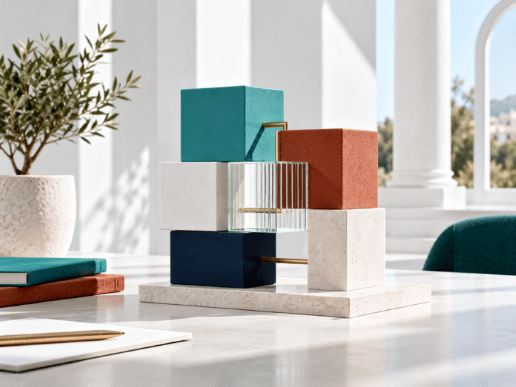 Sculpture moderne composée de cubes colorés en matériaux variés empilés sur une base claire, avec un bureau en arrière-plan contenant quelques livres, un carnet et un stylo, le tout dans un espace lumineux avec des colonnes et une plante en pot.