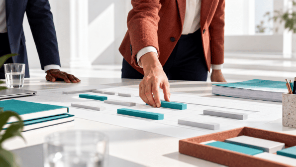 Deux personnes debout au-dessus d'une table blanche, une étendant la main vers des barres rectangulaires bleues et grises disposées sur une grande feuille, entourée de dossiers, carnets et autres matériels de bureau.