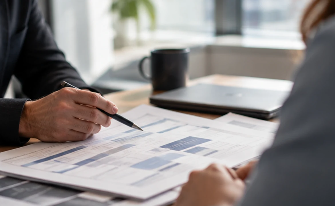 Deux professionnels examinent des documents de projet ERP et une grille d’analyse lors d’une réunion.