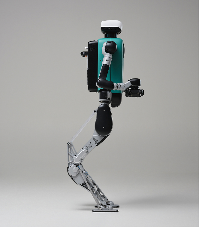 Side view of a humanoid robot with articulated legs, arms, and a head on a plain background.