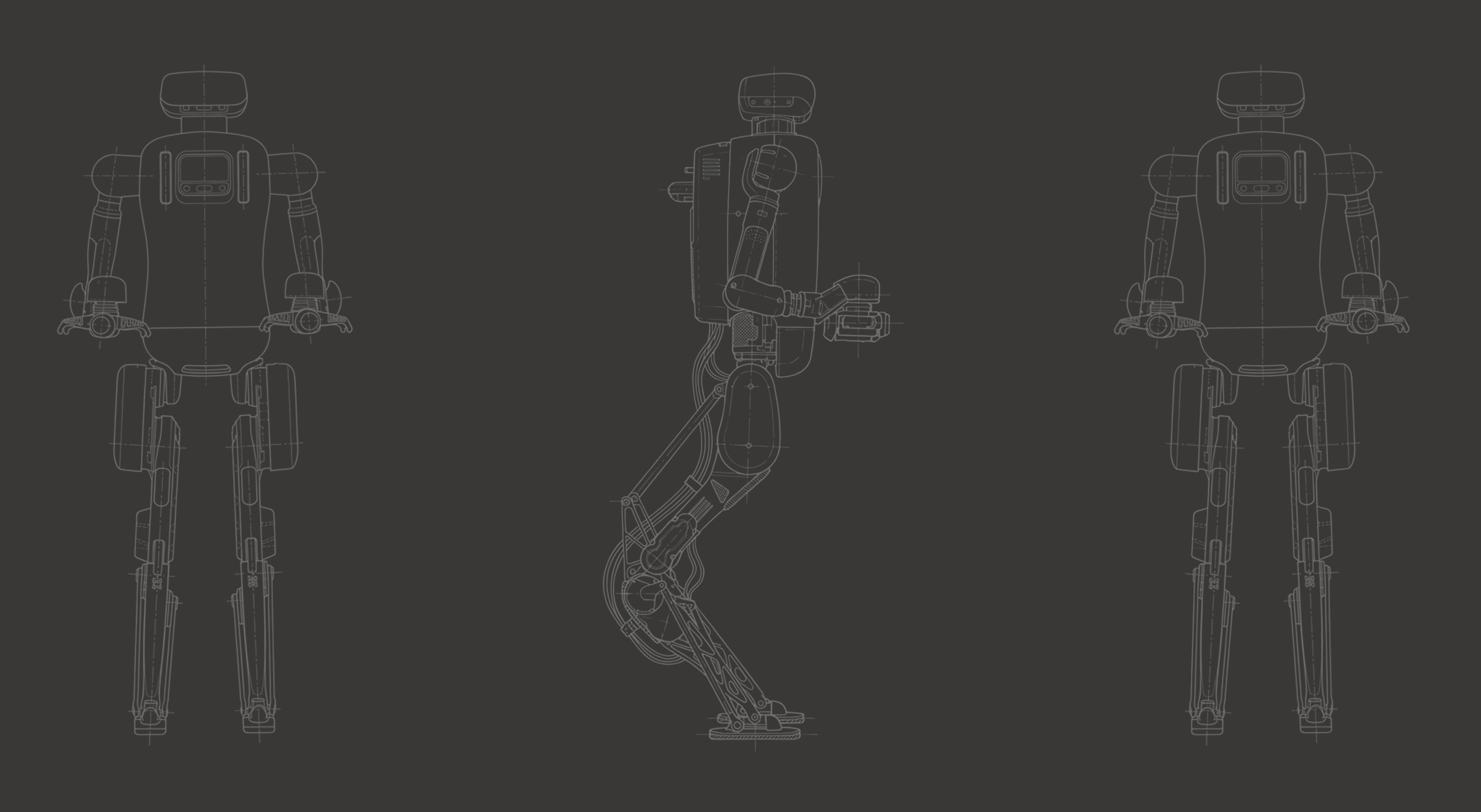 Technical illustration showing front, side, and back views of a humanoid robot with detailed mechanical joints and components.