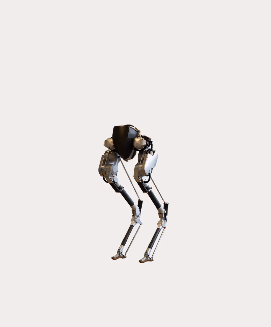 Silver robotic legs with black accents.