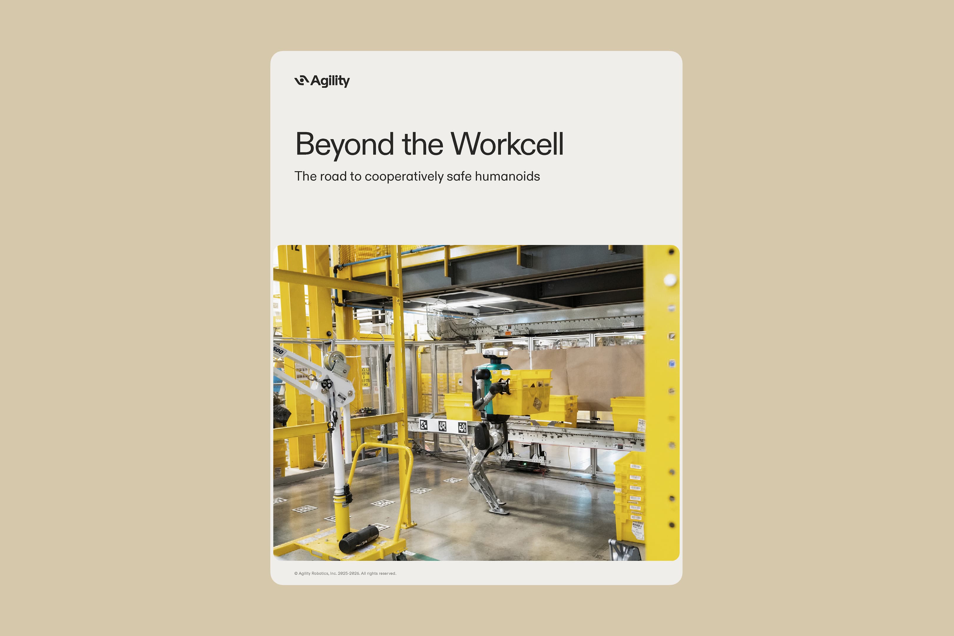 Ebook cover titled 'Beyond the Workcell: The road to cooperatively safe humanoids' featuring a humanoid robot working on a conveyor belt in a large warehouse.