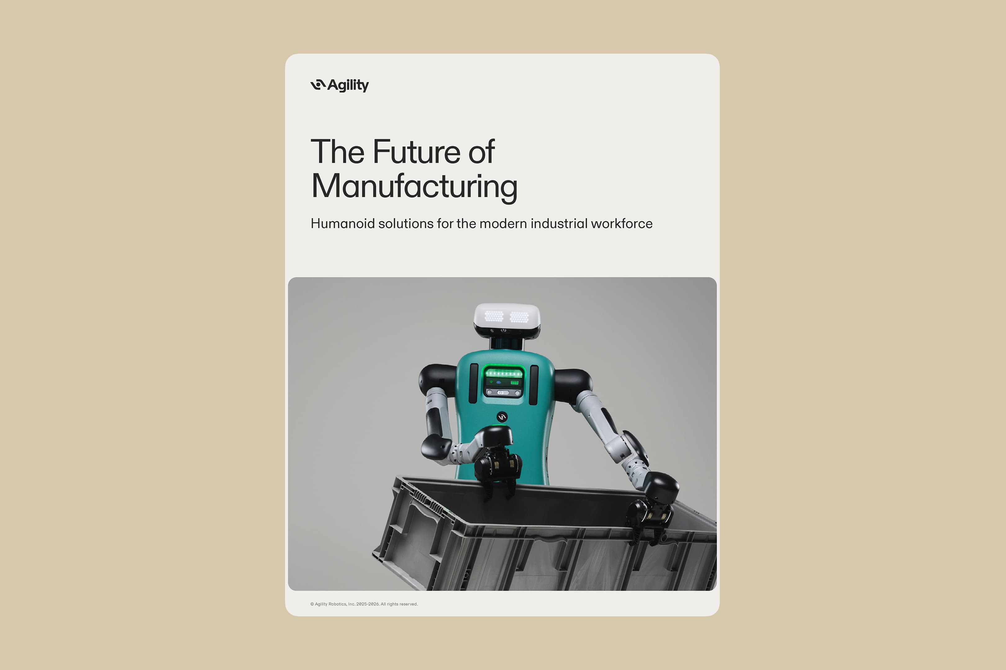Cover of an eBook titled 'The Future of Manufacturing: Humanoid Solutions For The Modern Industrial Workforce' featuring a humanoid robot holding a large plastic container.