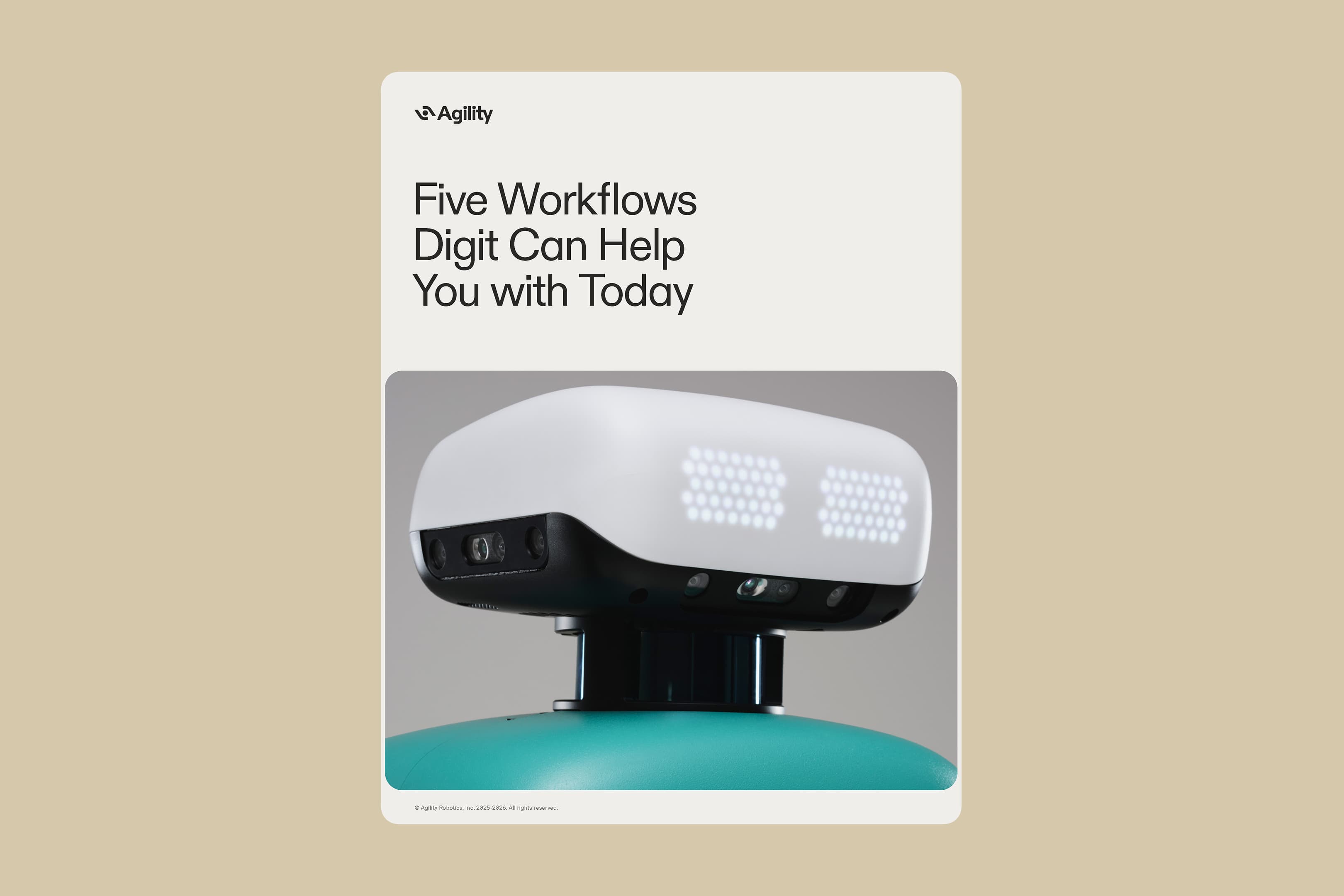 Ebook cover titled 'Five Workflows Digit Can Help You With Today' featuring the head and upper torso of a humanoid robot.