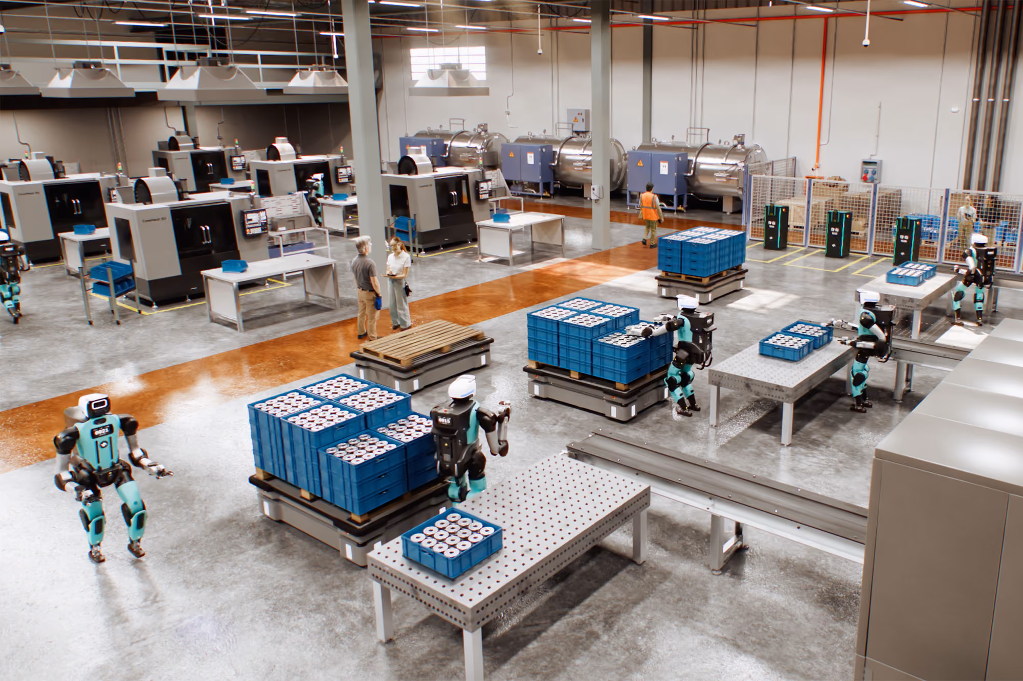 Modern factory interior with multiple humanoid robots and workers handling blue crates filled with small cylindrical objects on tables and pallets in an organized assembly line setting.