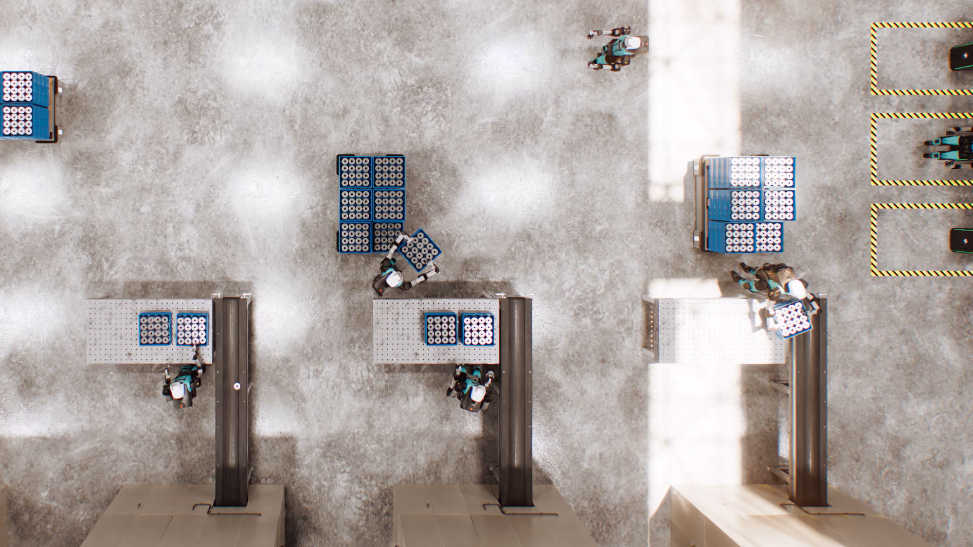Aerial view of workers assembling products on three parallel conveyor belts in a factory setting with gray flooring.