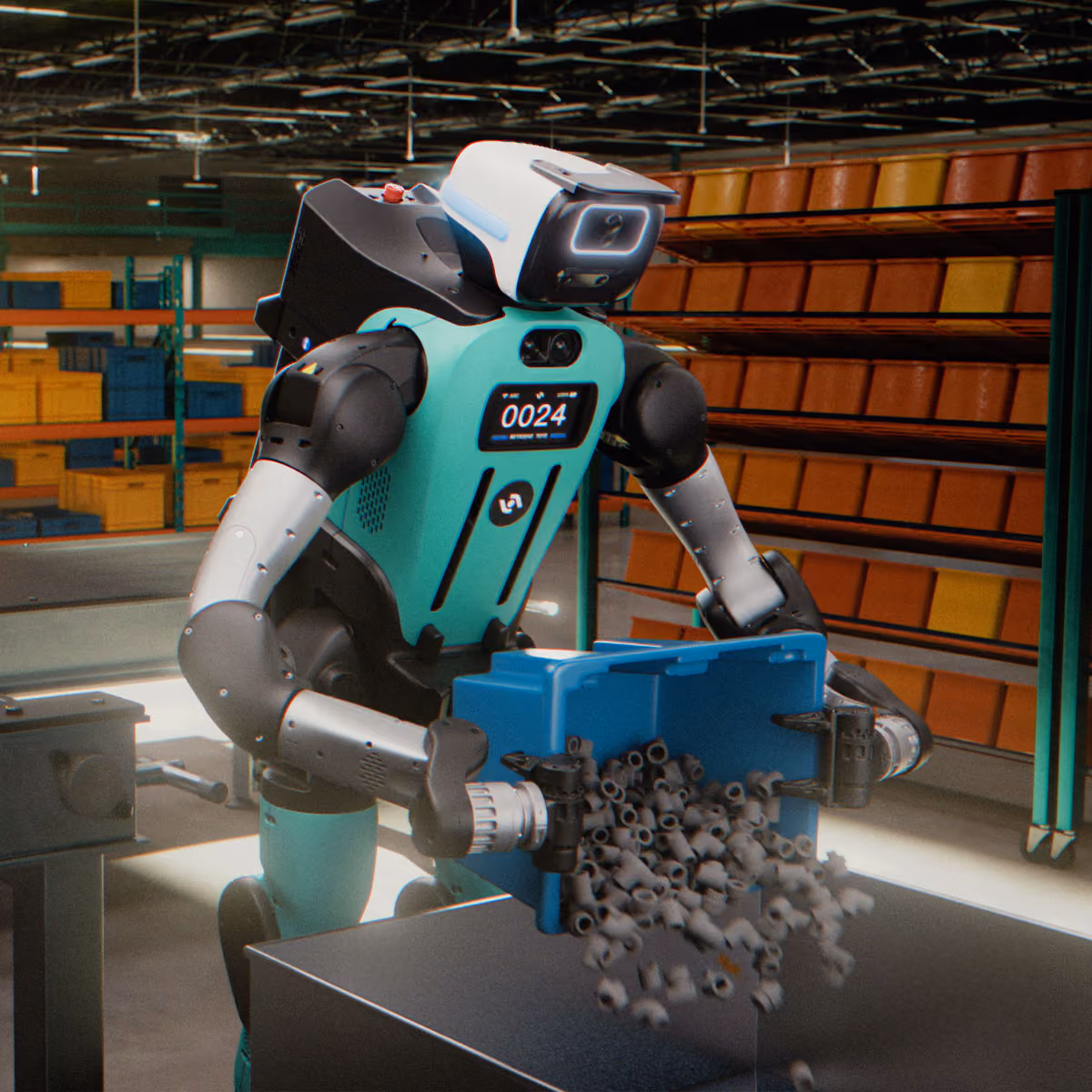 A teal and black humanoid robot in a warehouse environment pours small gray cylindrical objects from a blue container onto a table, surrounded by shelves with orange and yellow bins.