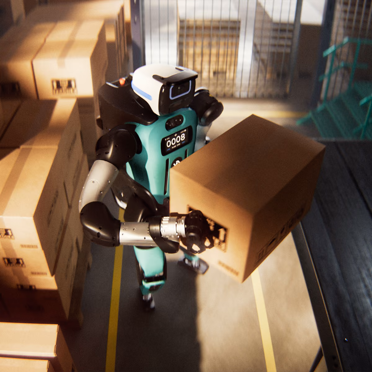 A teal and black robot with a digital display on its chest is handling a cardboard box in a warehouse aisle lined with stacked boxes.
