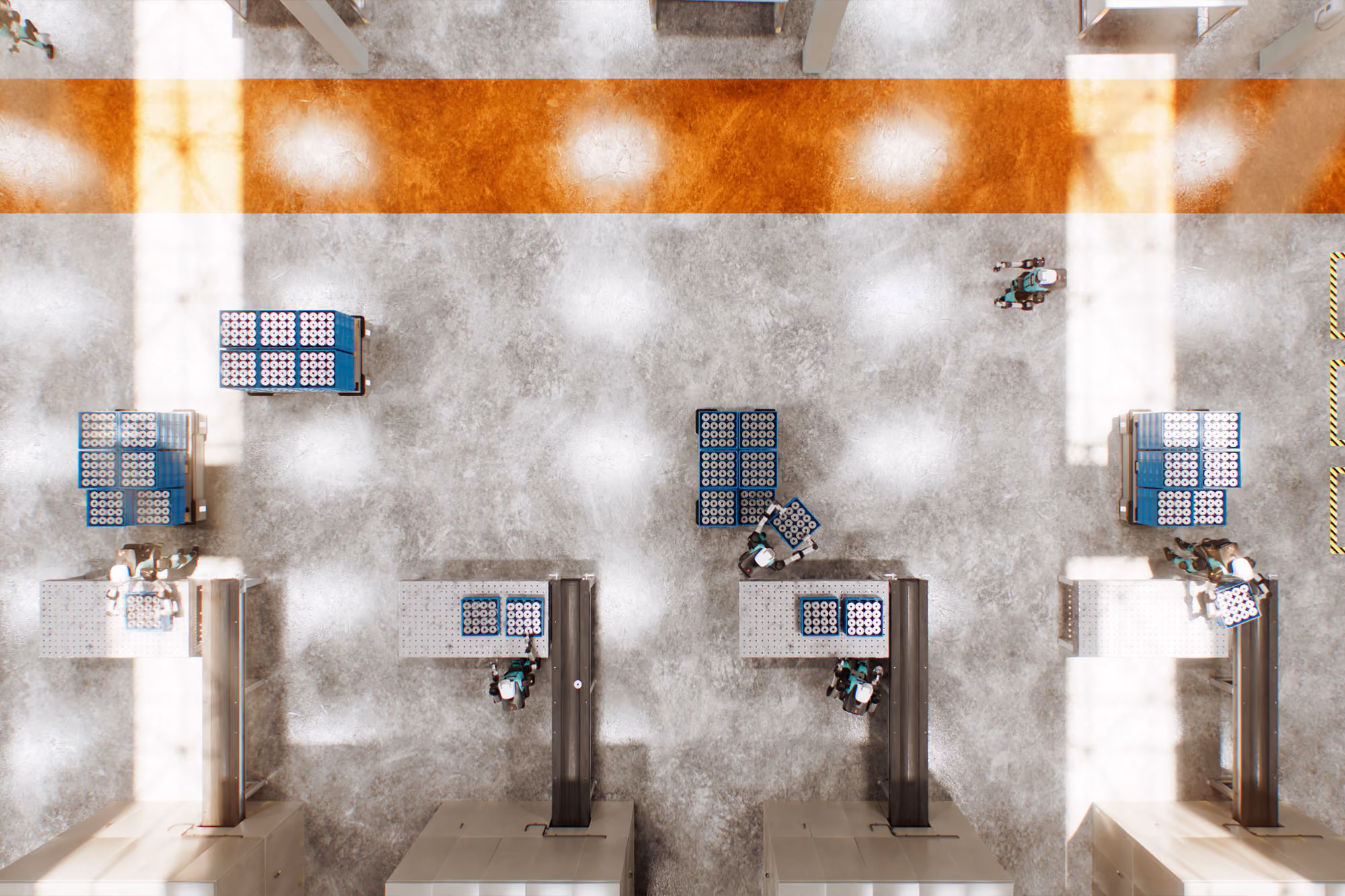Top-down view of a factory floor with workers handling crates on conveyor belts, stacks of crates on pallets, and a wide orange walkway near the top.
