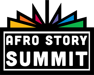 Logo with text 'AFRO STORY SUMMIT' in bold white letters on a black background, topped by colorful triangular rays in orange, red, purple, blue, and green.