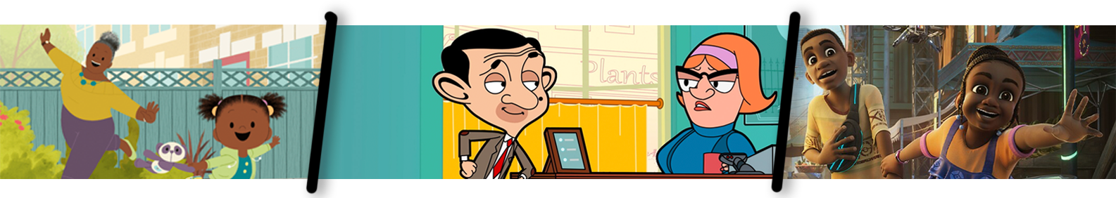 Collage of animated characters: an elderly woman and child playing with a toy panda outdoors, Mr. Bean with a woman at a desk indoors, and two excited kids holding lights outdoors at night.