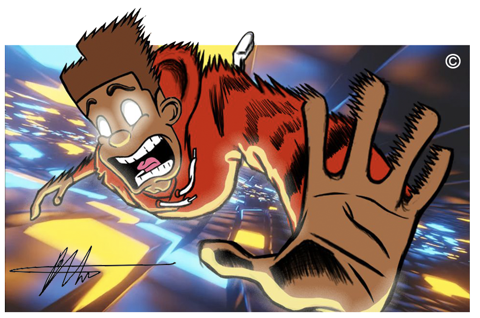 Cartoon character in a red hoodie reaching out with an open hand, appearing to be falling or flying in a dynamic, colorful background.