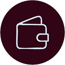 Icon of a wallet with a clasp, outlined in light blue on a dark purple circular background.
