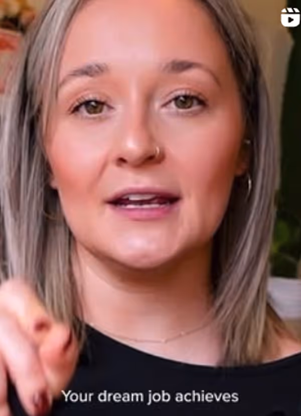 Close-up of a woman with shoulder-length blonde hair speaking, with the caption 'Your dream job achieves' visible at the bottom.