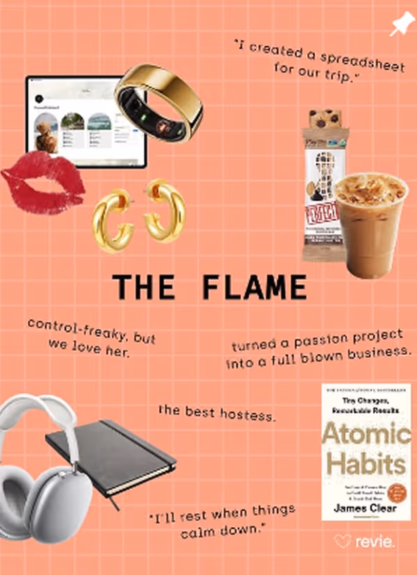 Collage on orange grid background with gold ring, gold earrings, lip print, tablet, coffee, snack bar, headphones, notebook, and Atomic Habits book with text describing 'The Flame' as control-freaky, best hostess, and turning a passion project into a business.