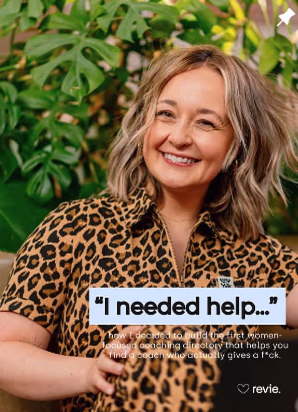 Smiling woman with blonde hair in a leopard print shirt standing in front of green plants, with overlaid text saying 'I needed help...'.