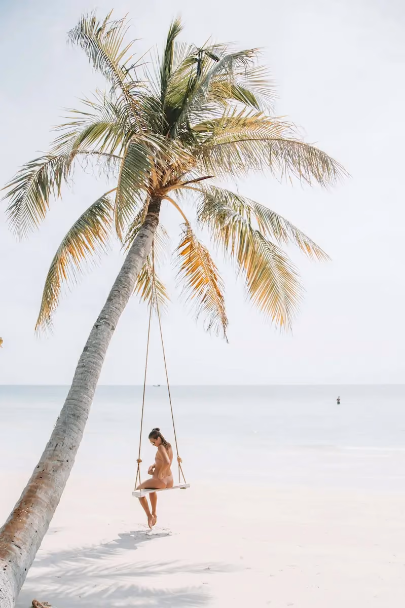 Woman sitting on a wooden swing hanging from a tall palm tree on a white sandy beach with calm sea and clear sky in the background.