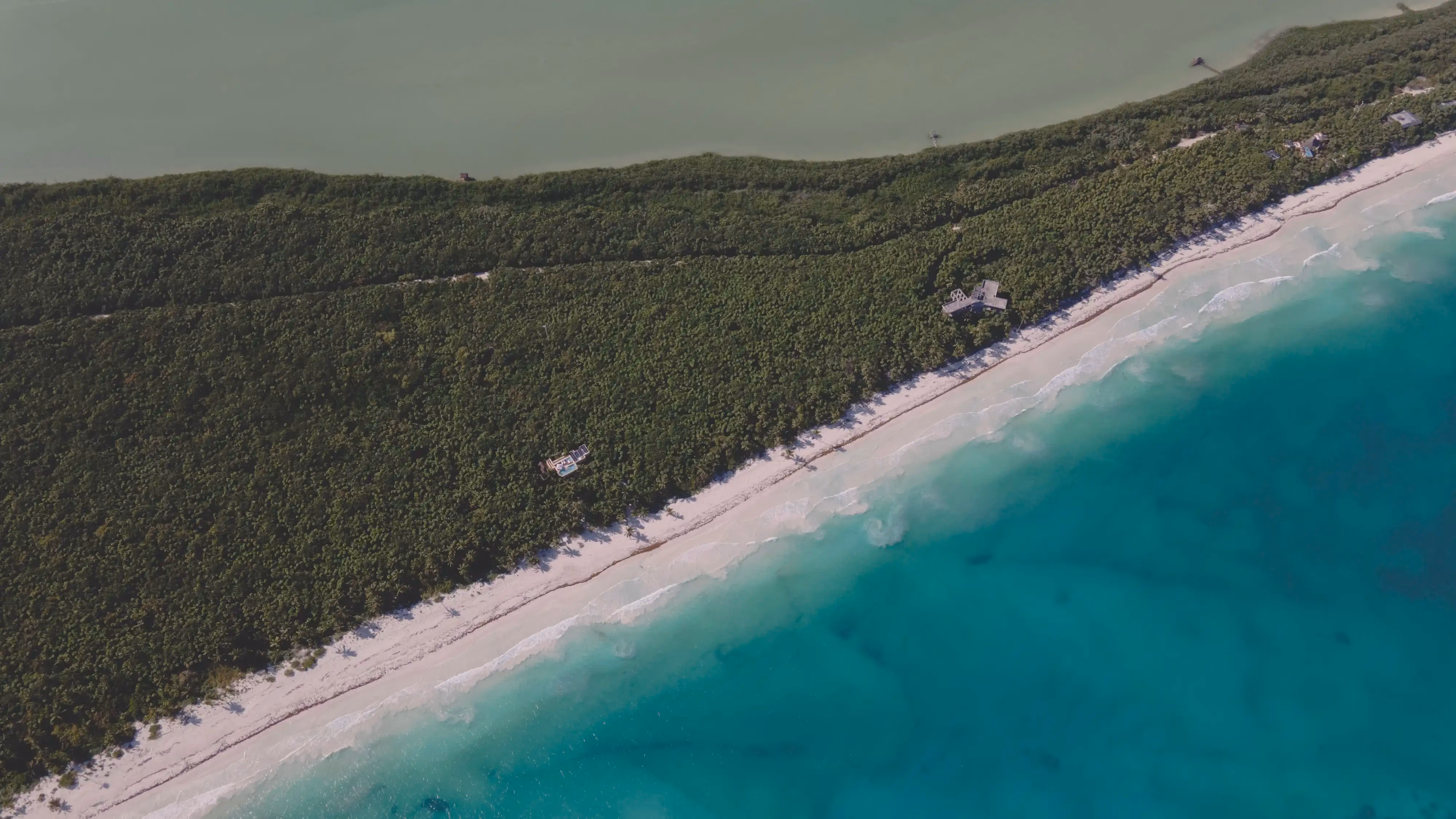 Aerial view of a coastline with dense green forest bordering a white sandy beach and turquoise ocean water.