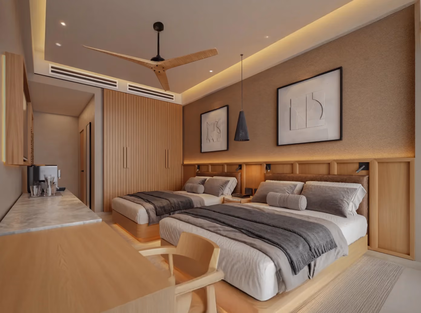 Modern dining and living area with a wooden dining table surrounded by six chairs, two black pendant lights overhead, a lounge area with sofa, coffee tables, and large windows showing an ocean view.