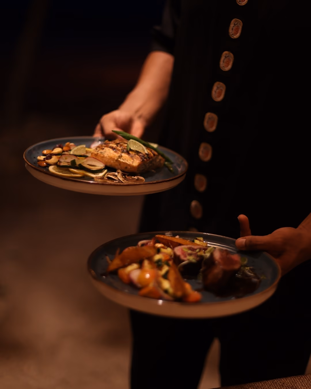Person holding two plates of food, one with grilled salmon, green beans, lime slices, nuts, and zucchini slices, the other with mixed roasted vegetables and slices of cooked meat.