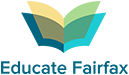 Educate Fairfax logo with stylized open book in blue, teal, and green above the organization name.