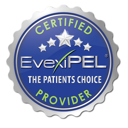 Silver-edged blue badge with five silver stars and text: Certified EvexiPEL The Patients Choice Provider.