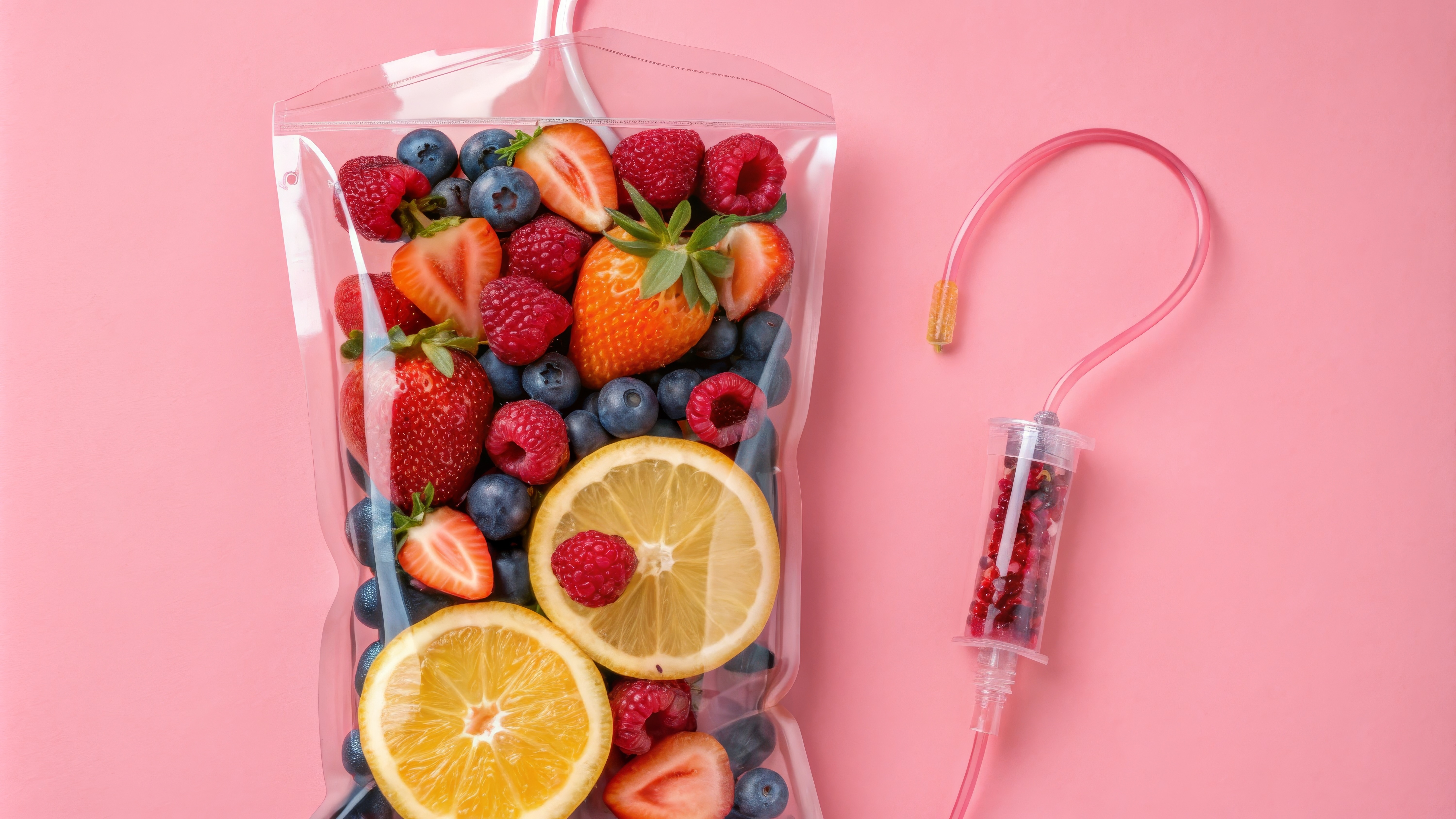 IV fluid bag filled with mixed fruits including strawberries, blueberries, raspberries, and lemon slices connected to an IV line containing red berries on a pink background.
