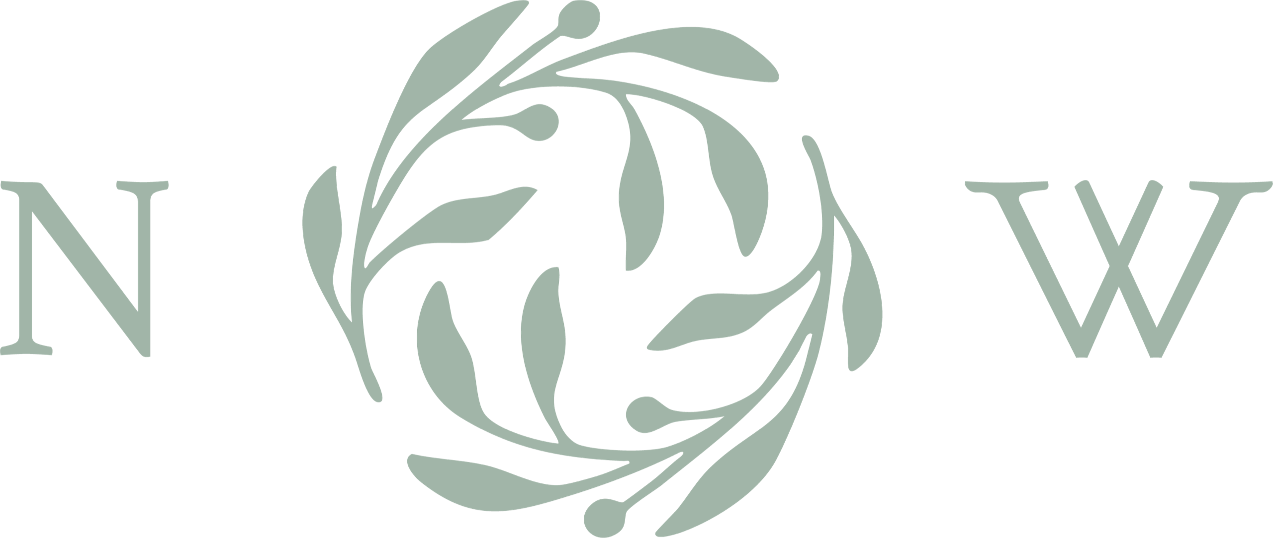 Stylized letters N and W flanking a circular wreath made of branches and leaves.