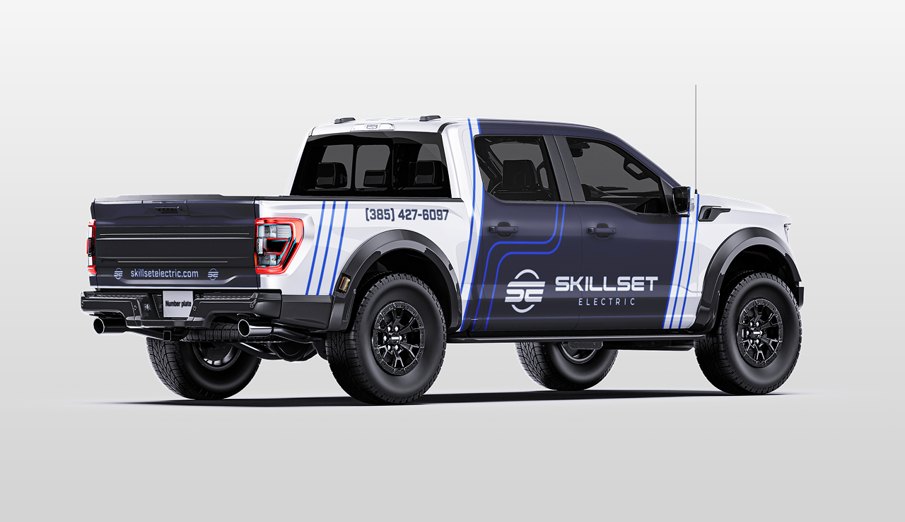 Skillset Electric vehicle wrap on a white truck
