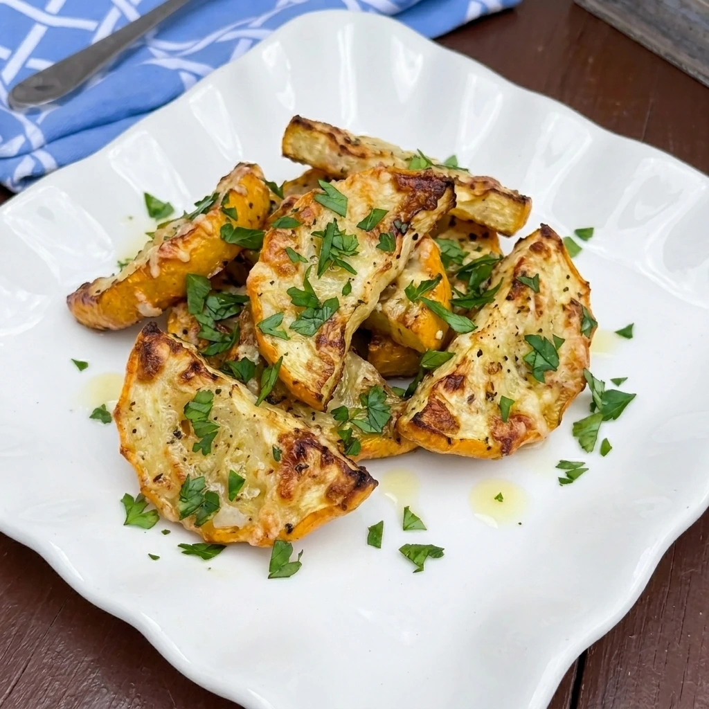 Roasted patty pan squash wedges with Parmesan and fresh parsley on a white plate