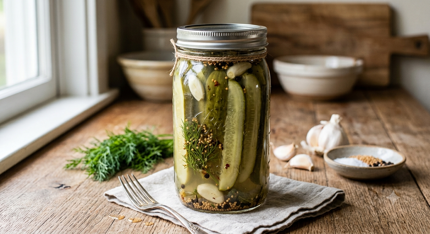 Quart mason jar of refrigerator dill pickles with garlic, dill, and peppercorns on a wooden table