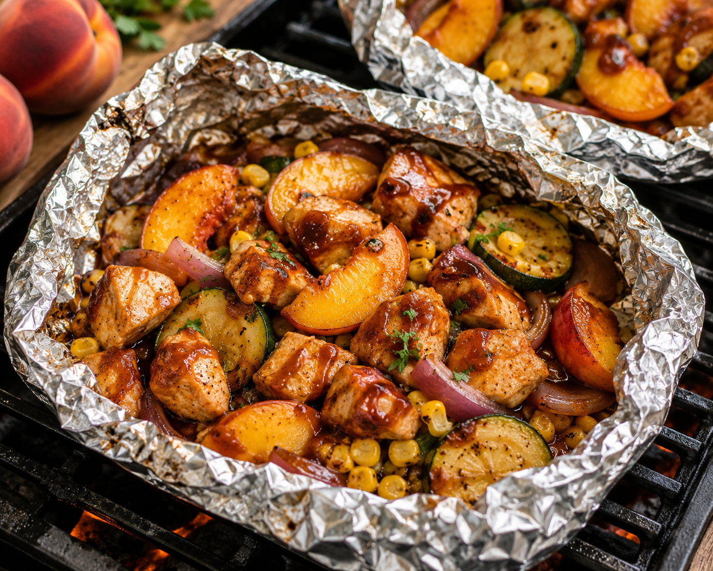 Foil packet on a grill filled with BBQ chicken, peach slices, zucchini, corn and red onion
