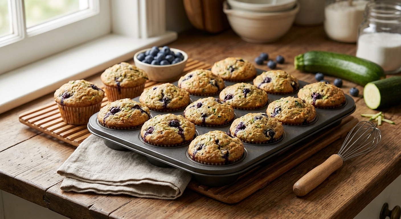 Tin of freshly baked blueberry zucchini muffins on a wooden counter with berries and zucchini