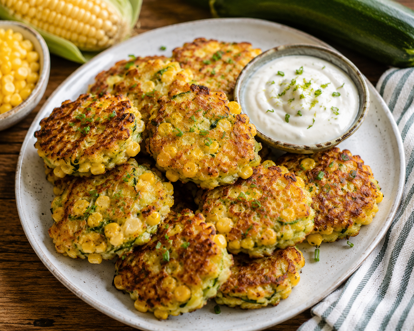 Plate of golden corn and zucchini fritters with a bowl of lime sour cream dipping sauce