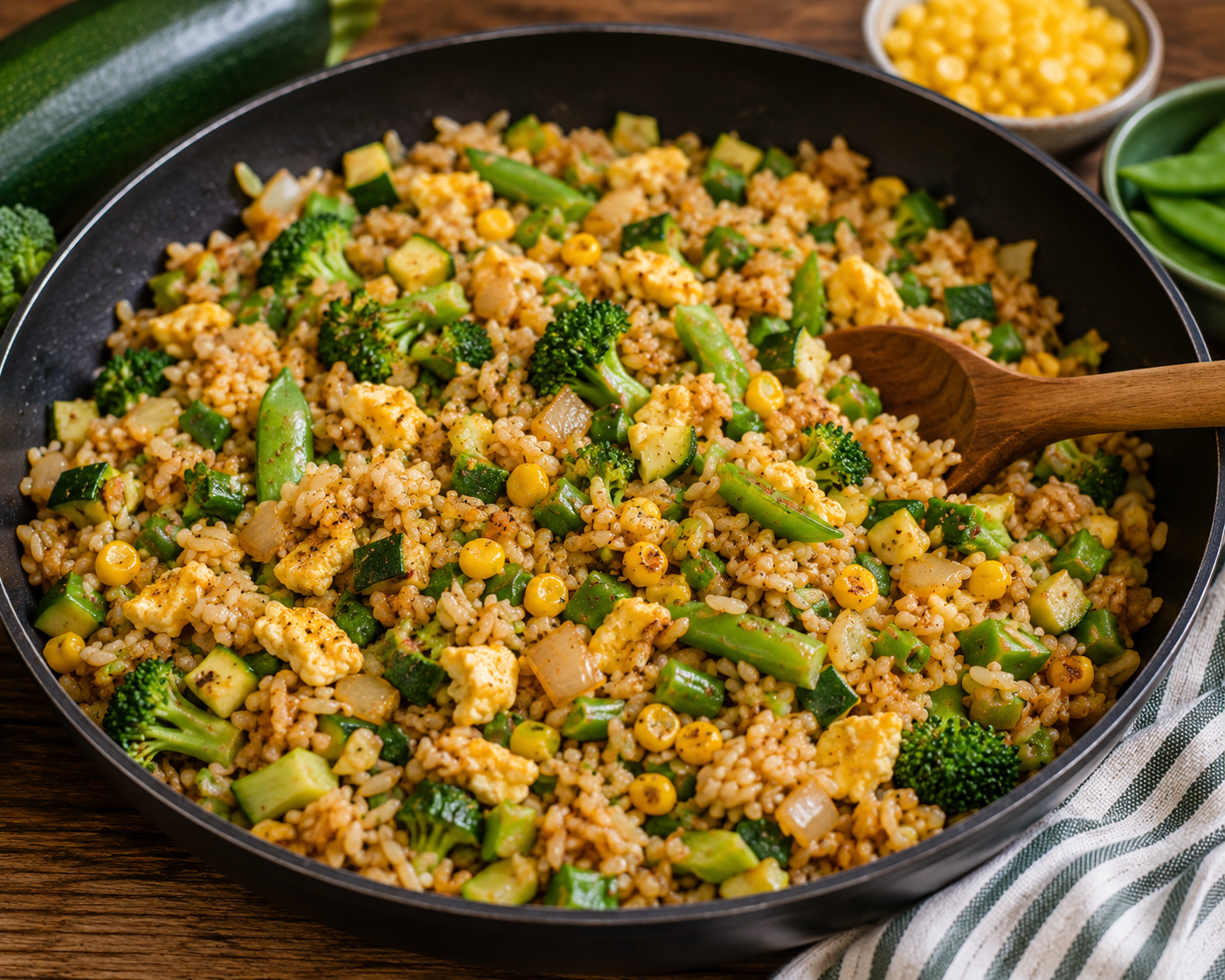 Skillet of summer veggie fried rice with zucchini, broccoli, corn, snap peas and scrambled egg
