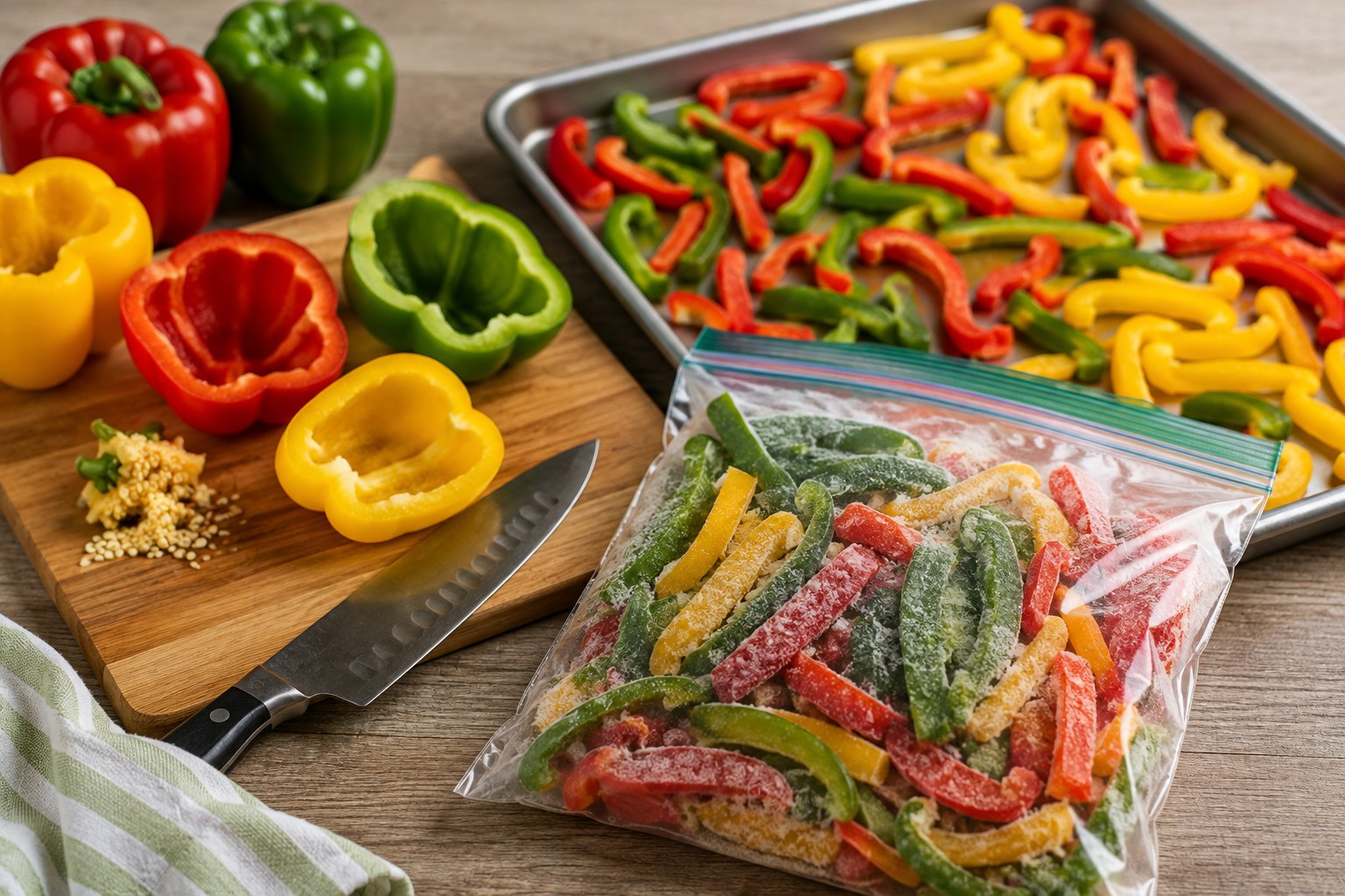 Sliced red, yellow and green bell peppers on a cutting board and sheet pan next to a freezer bag of frozen strips
