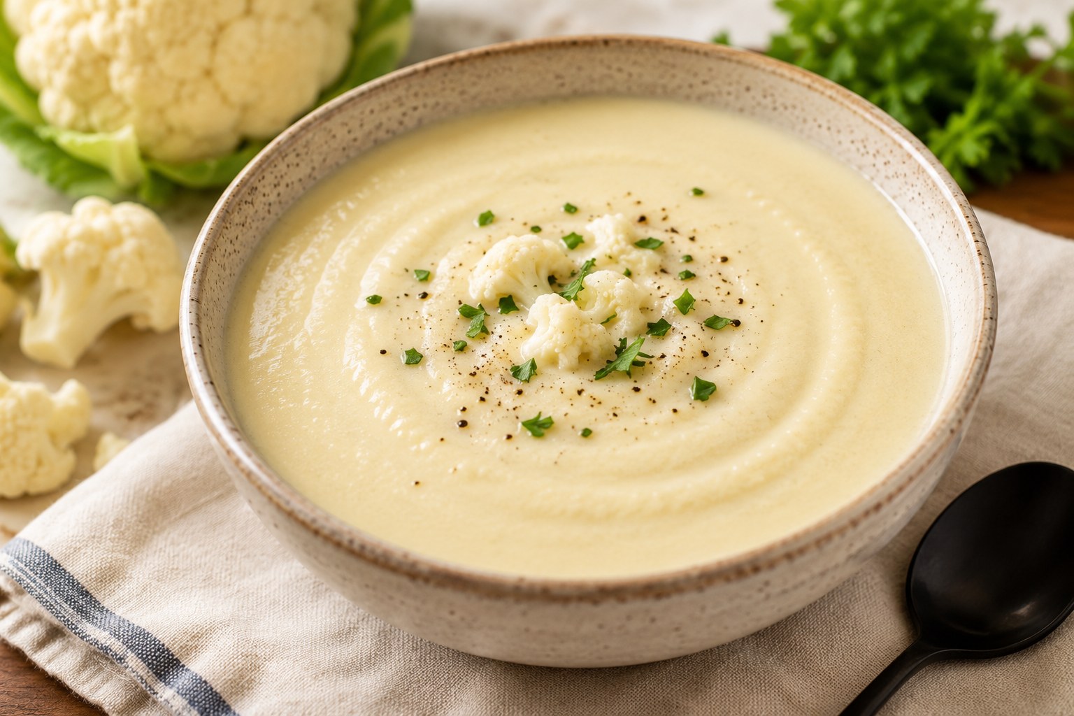 Bowl of creamy blended cauliflower soup topped with parsley and cracked pepper beside a whole cauliflower