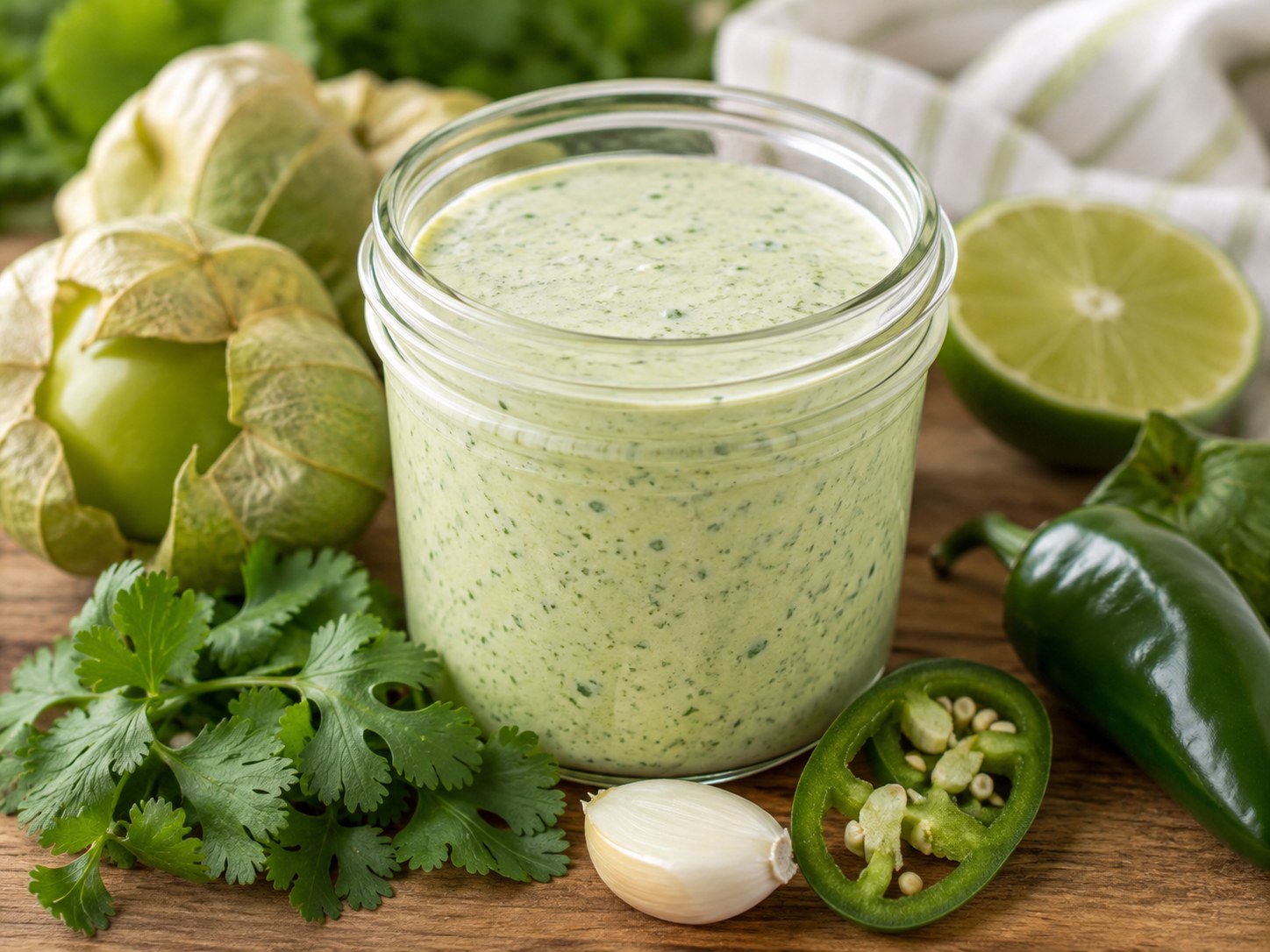 Jar of creamy green tomatillo ranch dressing surrounded by husked tomatillos, cilantro, lime, garlic and jalapeno