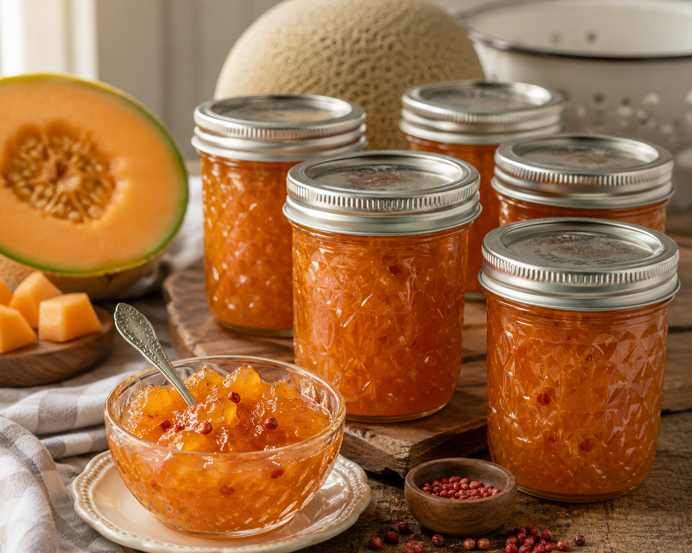 Five half-pint jars of amber cantaloupe jam on a wooden board with a cut cantaloupe, melon cubes, and a small bowl of pink peppercorns.