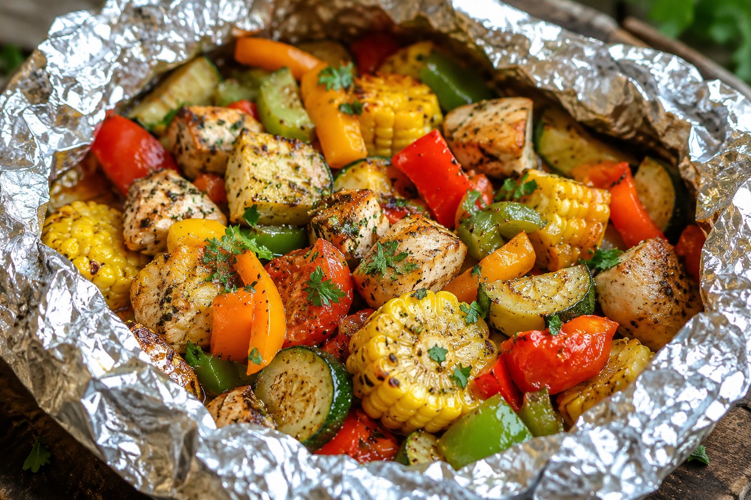 Open foil pack of grilled garlic herb chicken with sweet corn rounds, zucchini, red and green peppers and tomatoes, topped with fresh parsley.