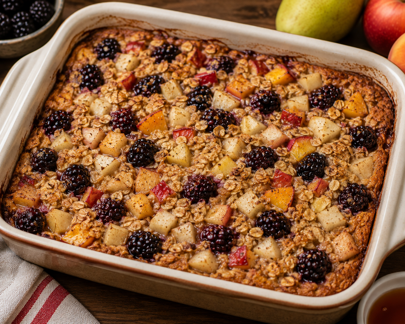 Baking dish of golden baked oatmeal studded with blackberries and diced apple, pear and nectarine, with fresh fruit alongside.