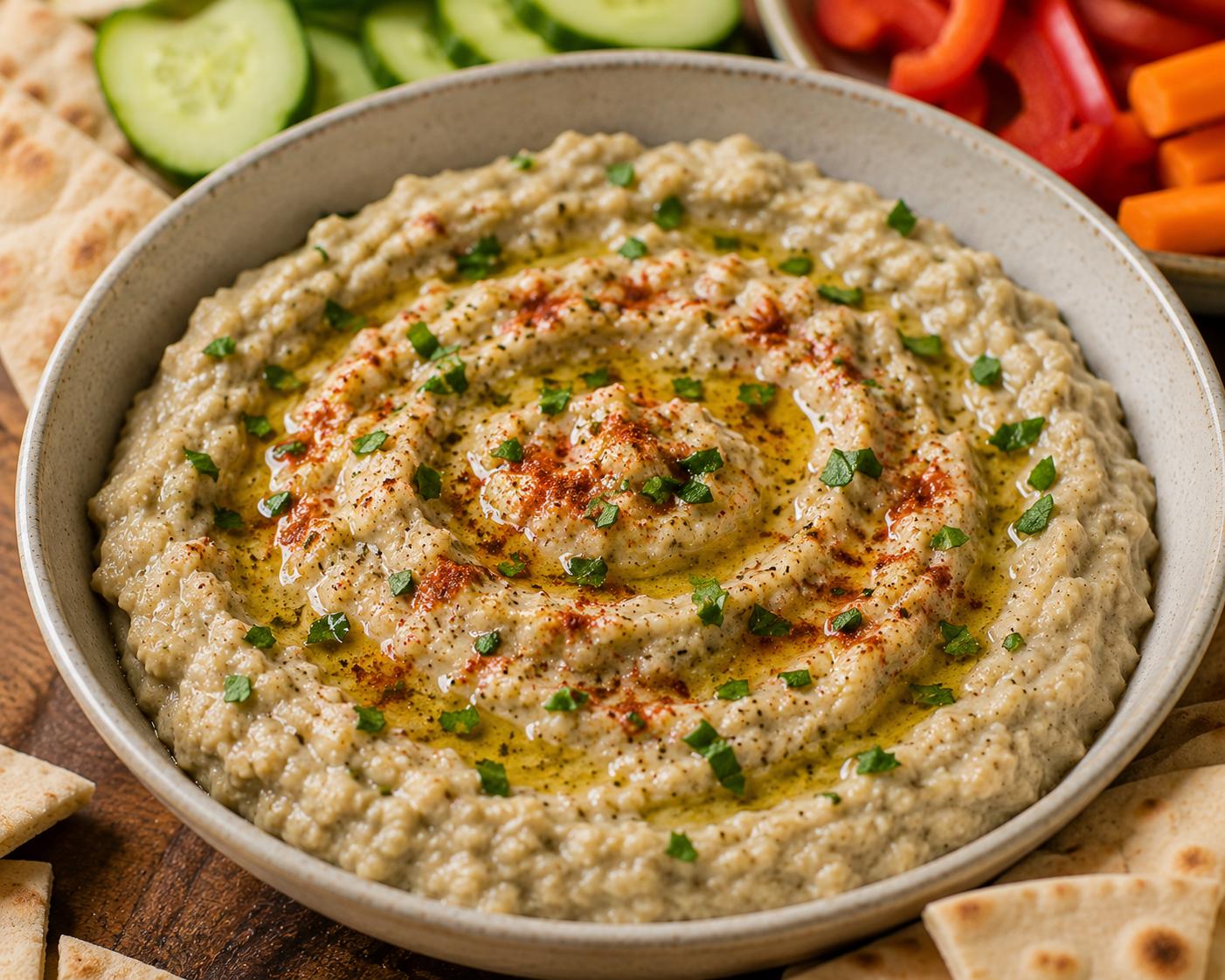 Bowl of baba ganoush drizzled with olive oil and dusted with smoked paprika and parsley, surrounded by pita, cucumber, red pepper and carrot sticks.