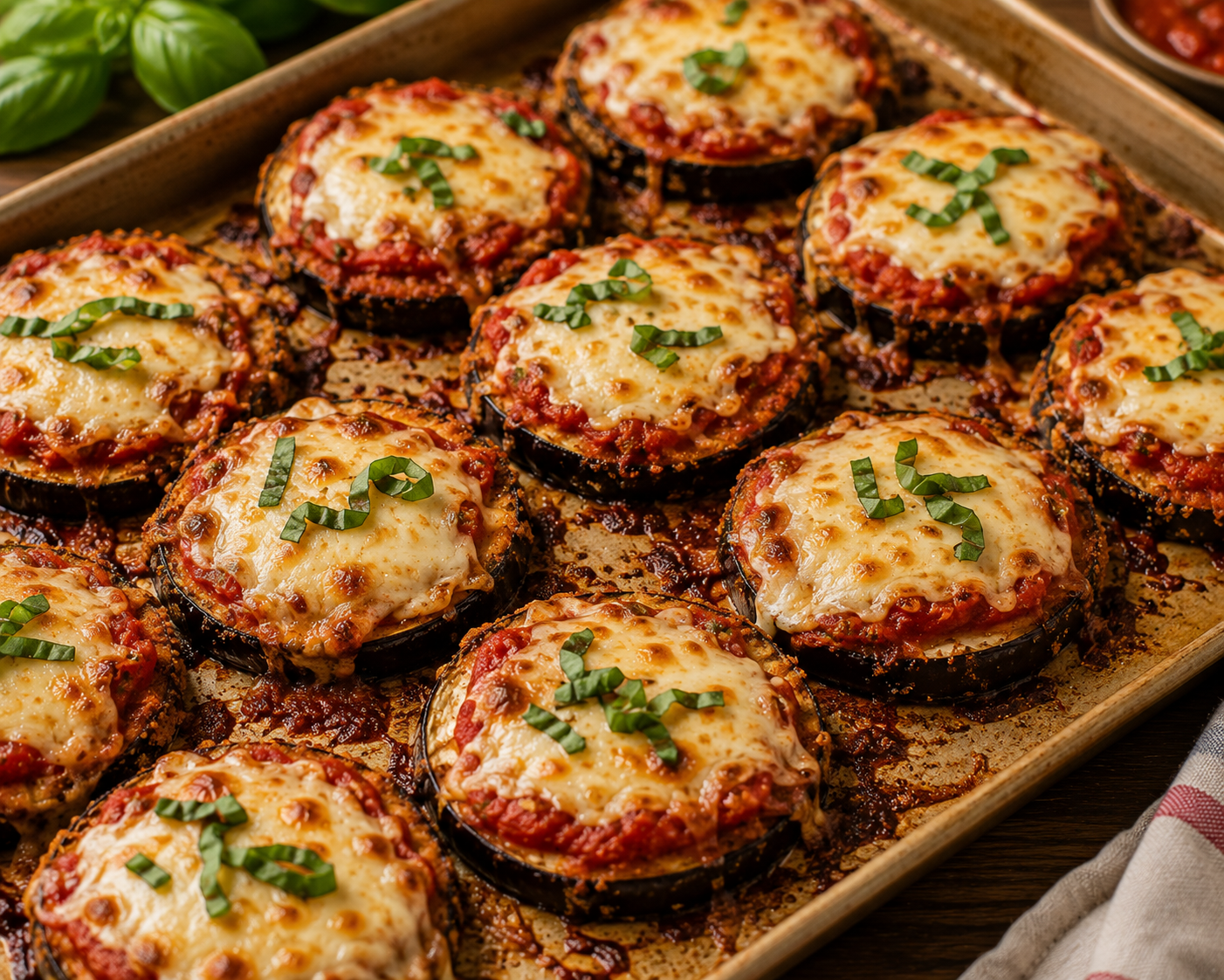 Sheet pan of breaded eggplant rounds topped with marinara, melted mozzarella and shredded fresh basil.