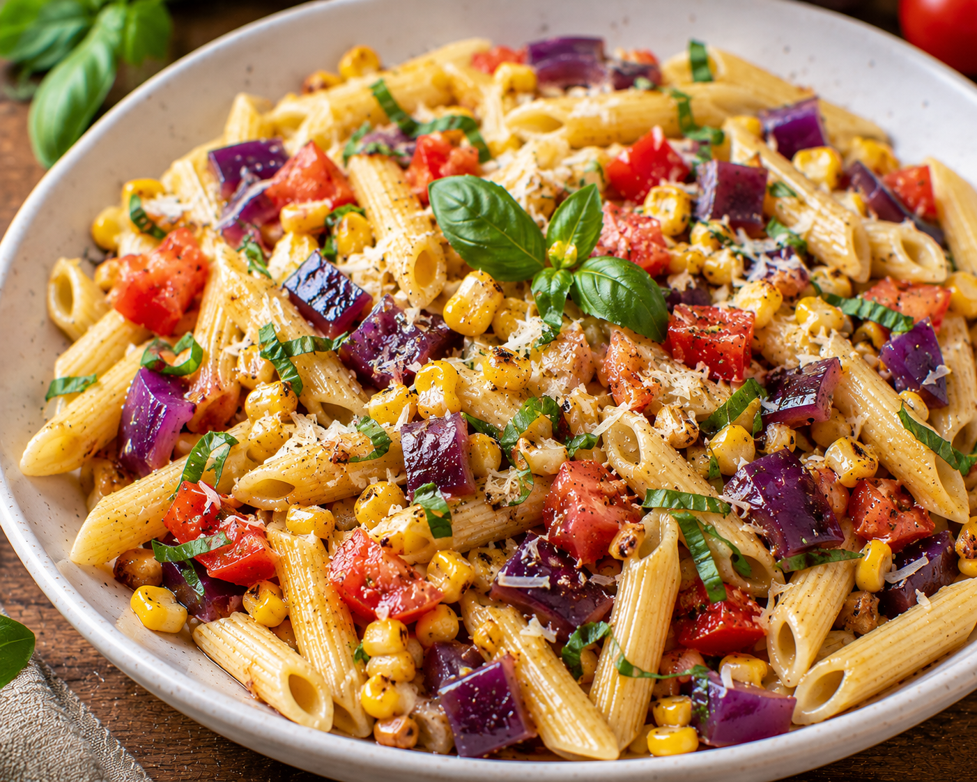 Bowl of short pasta tossed with golden corn kernels, diced Roma tomatoes, purple bell peppers, Parmesan and fresh basil.