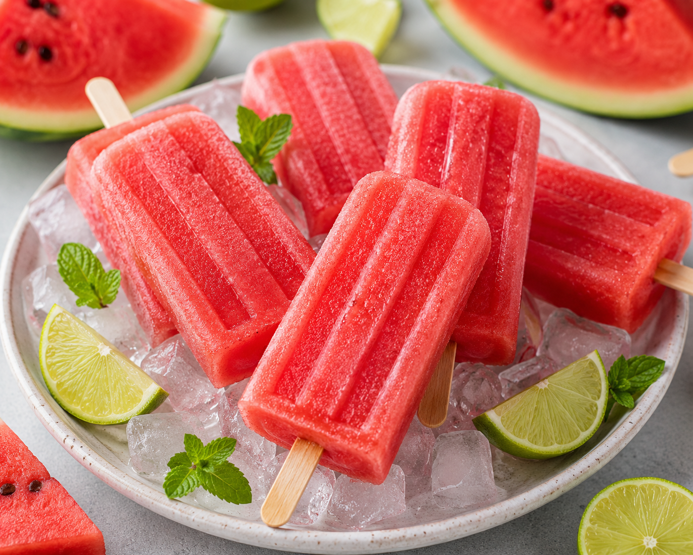 Bright pink watermelon popsicles on a plate of crushed ice with lime wedges, mint leaves and watermelon slices.